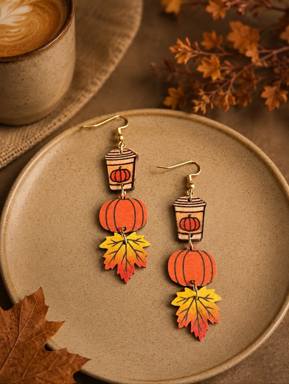 NEW Women's Pumpkin Spice Latte Pumpkin Leaf Wooden Drop Earrings‎
